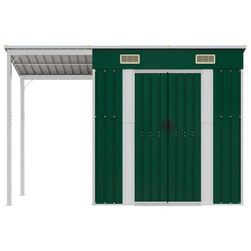 Haveskur med udvidet tag 277x110,5x181 cm stål grøn