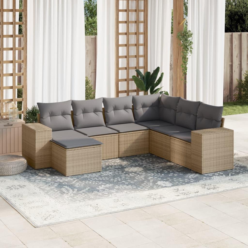 Sofasæt til haven i polyrattan - 7 dele med hynder, beige billede