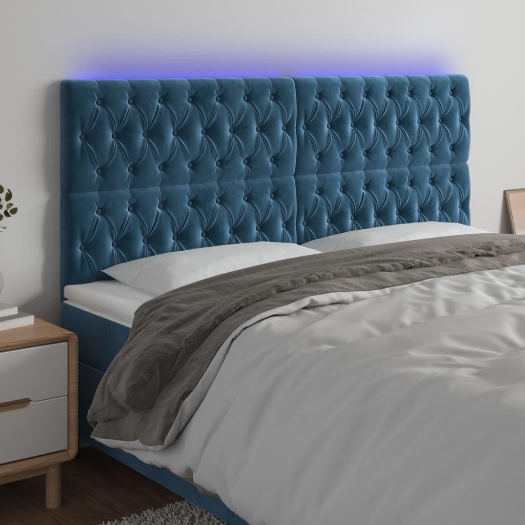Sengegavl med LED-lys 200x7x118/128 cm fløjl mørkeblå