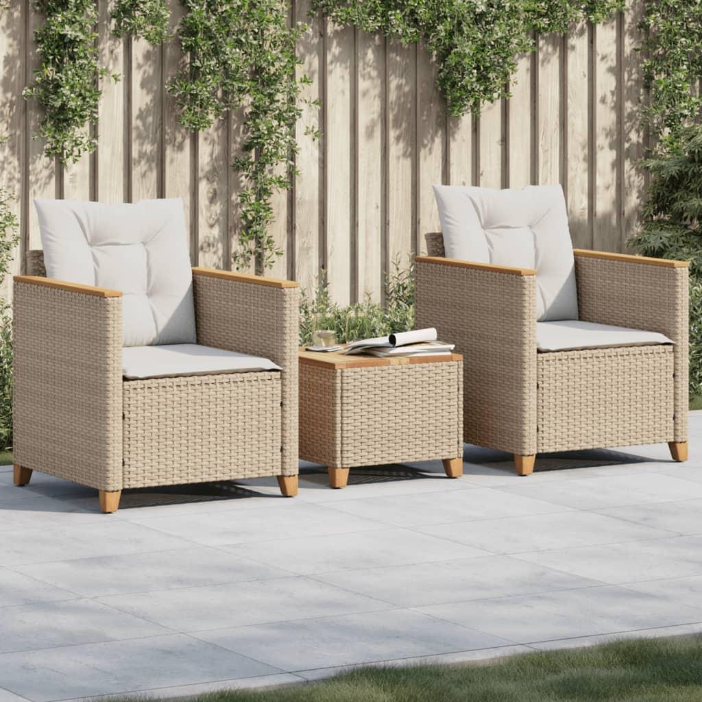 Bistrosæt 3 dele med hynder polyrattan og akacietræ beige