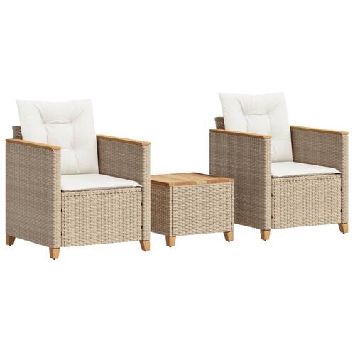 Bistrosæt 3 dele med hynder polyrattan og akacietræ beige