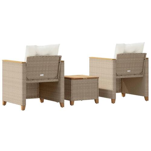 Bistrosæt 3 dele med hynder polyrattan og akacietræ beige