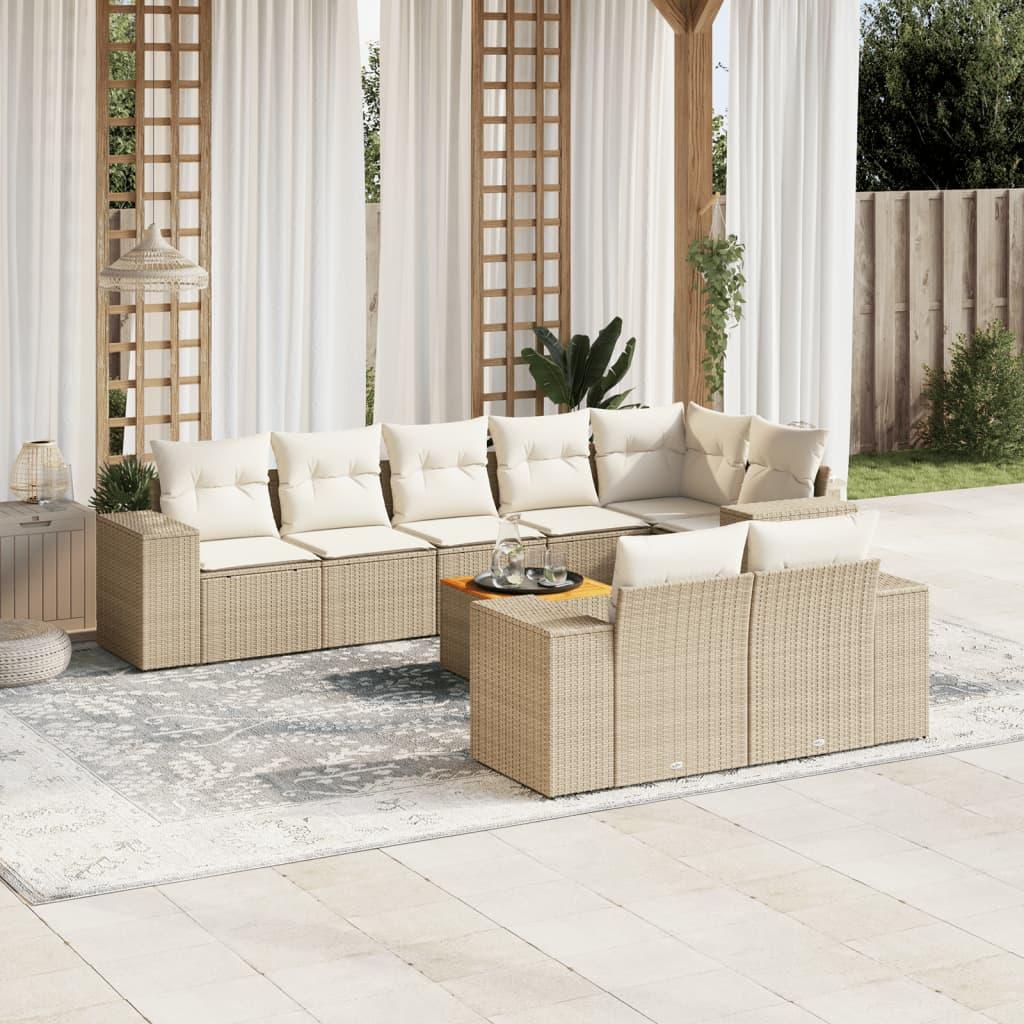 Sofasæt til haven i polyrattan - 9 dele med hynder, beige billede