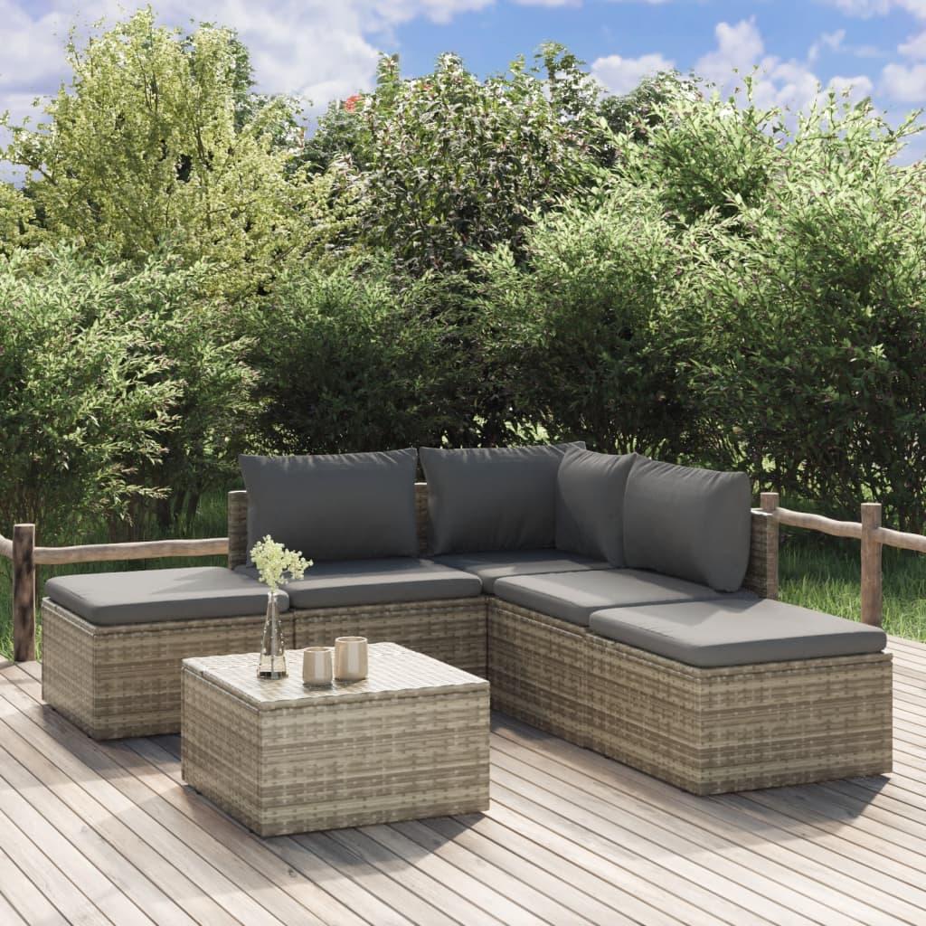 Loungesæt til haven 6 dele med hynder polyrattan grå