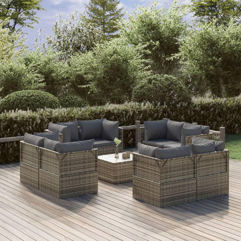 Loungesæt til haven 9 dele med hynder polyrattan grå