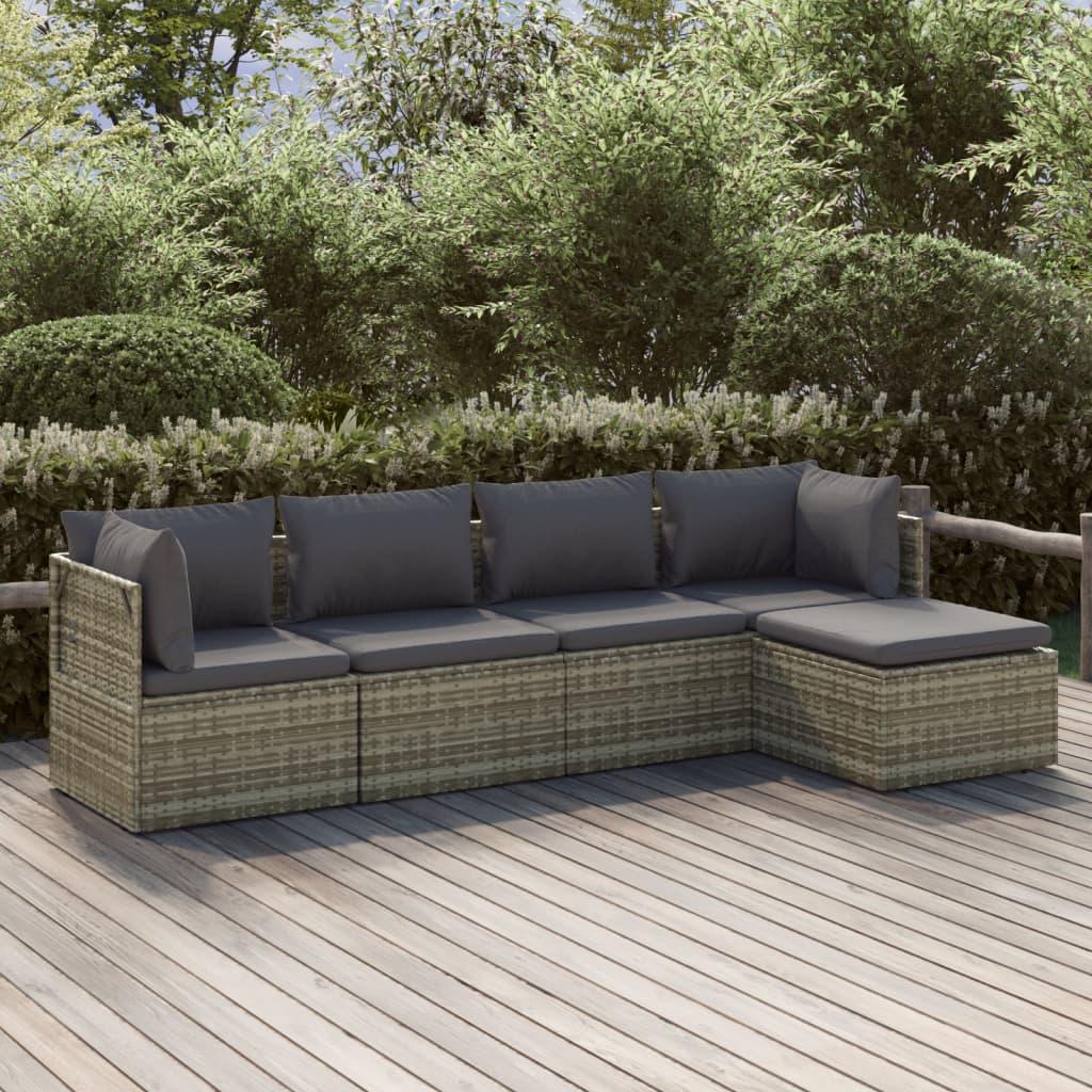 Loungesæt til haven 5 dele med hynder polyrattan grå