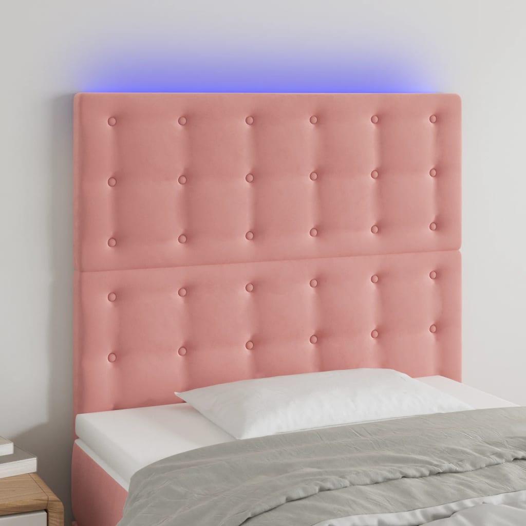 Sengegavl med LED-lys 80x5x118/128 cm fløjl lyserød billede
