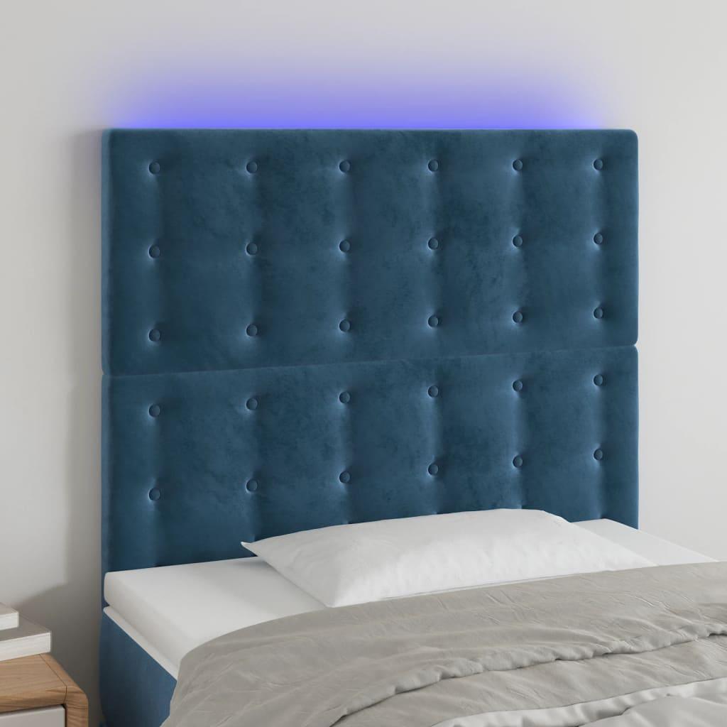 Sengegavl med LED-lys 100x5x118/128 cm fløjl mørkeblå billede