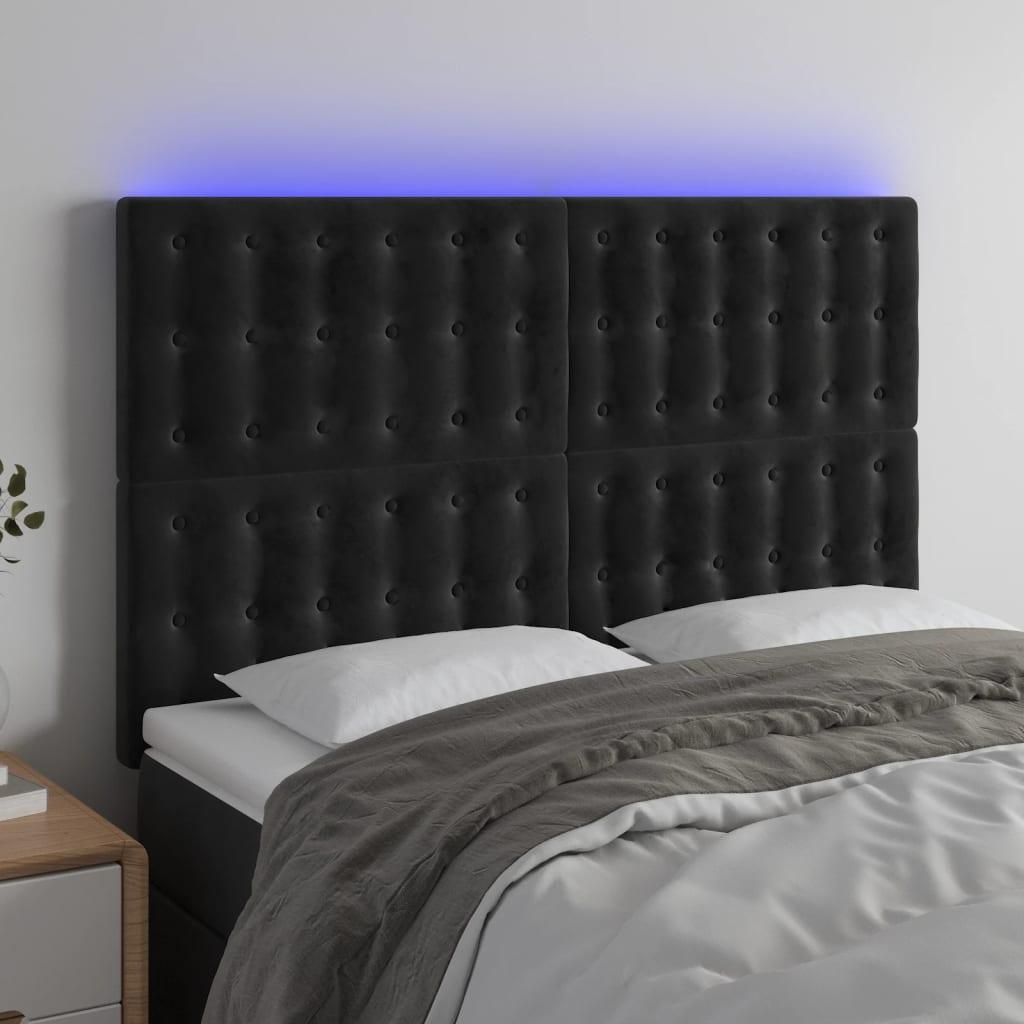 Sengegavl med LED-lys 144x5x118/128 cm fløjl sort billede