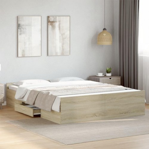 Sengeramme med opbevaringsskuffe 150 x 200 cm - sonoma-eg