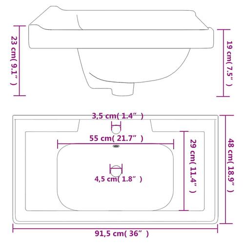 Badeværelsesvask 91,5x48x23 cm rektangulær keramisk hvid