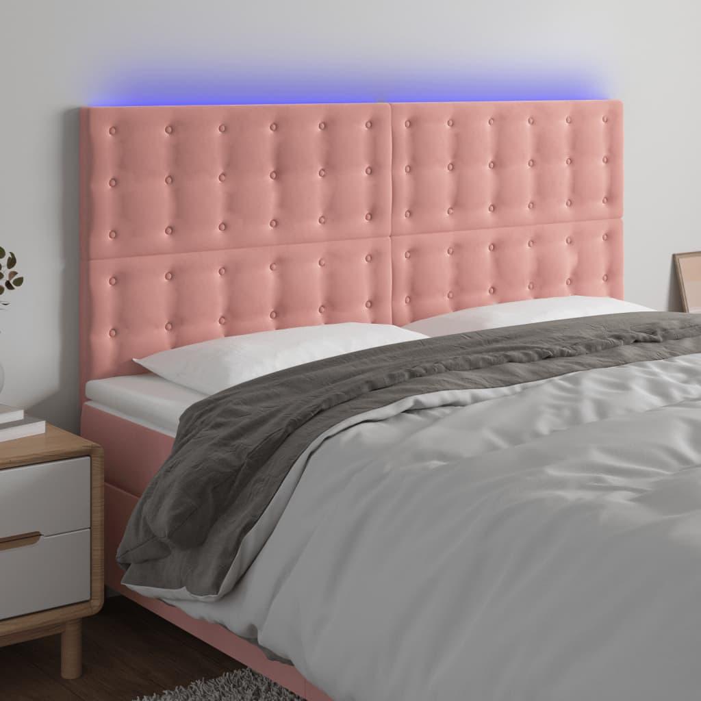 Sengegavl med LED-lys 160x5x118/128 cm fløjl lyserød billede