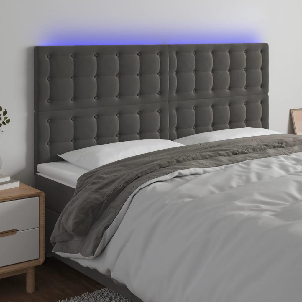 Sengegavl med LED-lys 180x5x118/128 cm fløjl mørkegrå billede