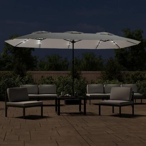 Parasol med dobbelt parasoldug og LED-lys 449x245 cm sandhvid