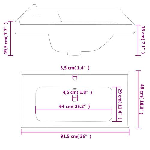 Badeværelsesvask 91,5x48x19,5 cm rektangulær keramisk hvid