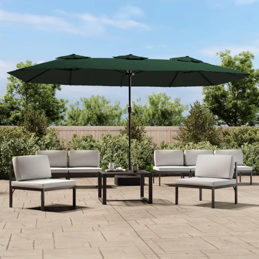 Parasol med dobbelt parasoldug og LED-lys 449x245 cm grøn