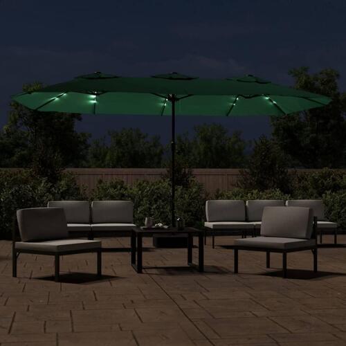 Parasol med dobbelt parasoldug og LED-lys 449x245 cm grøn