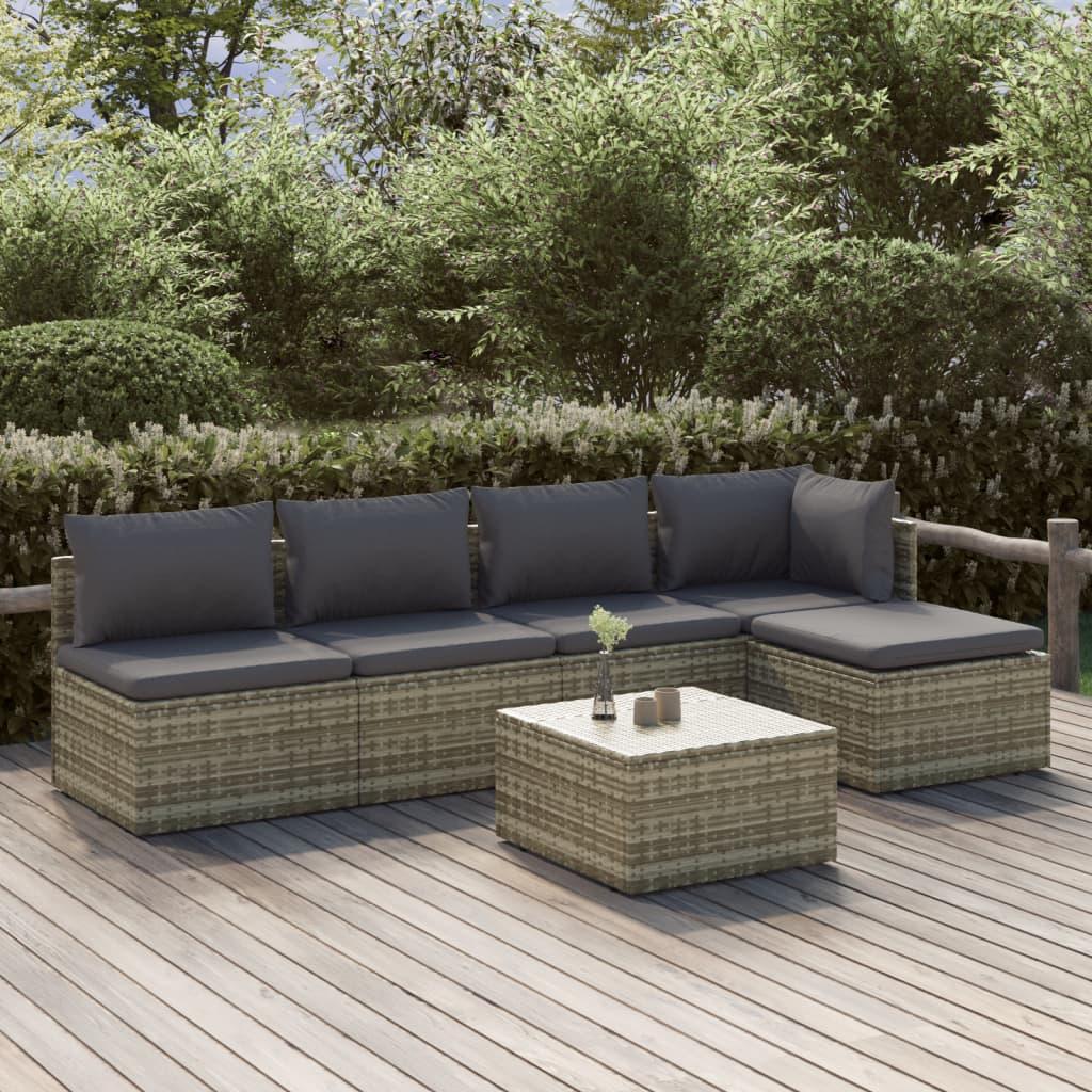 Loungesæt til haven 6 dele med hynder polyrattan grå