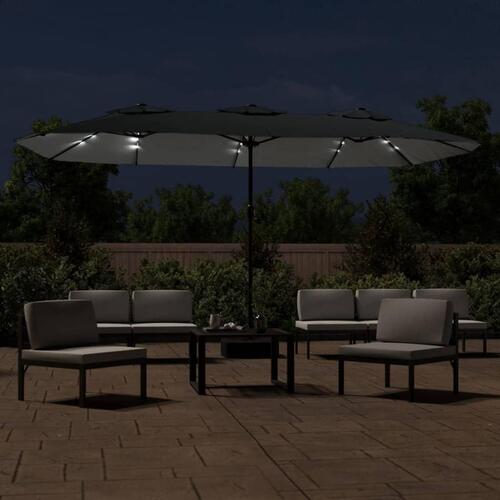 Parasol med dobbelt parasoldug og LED-lys 449x245 cm antracit