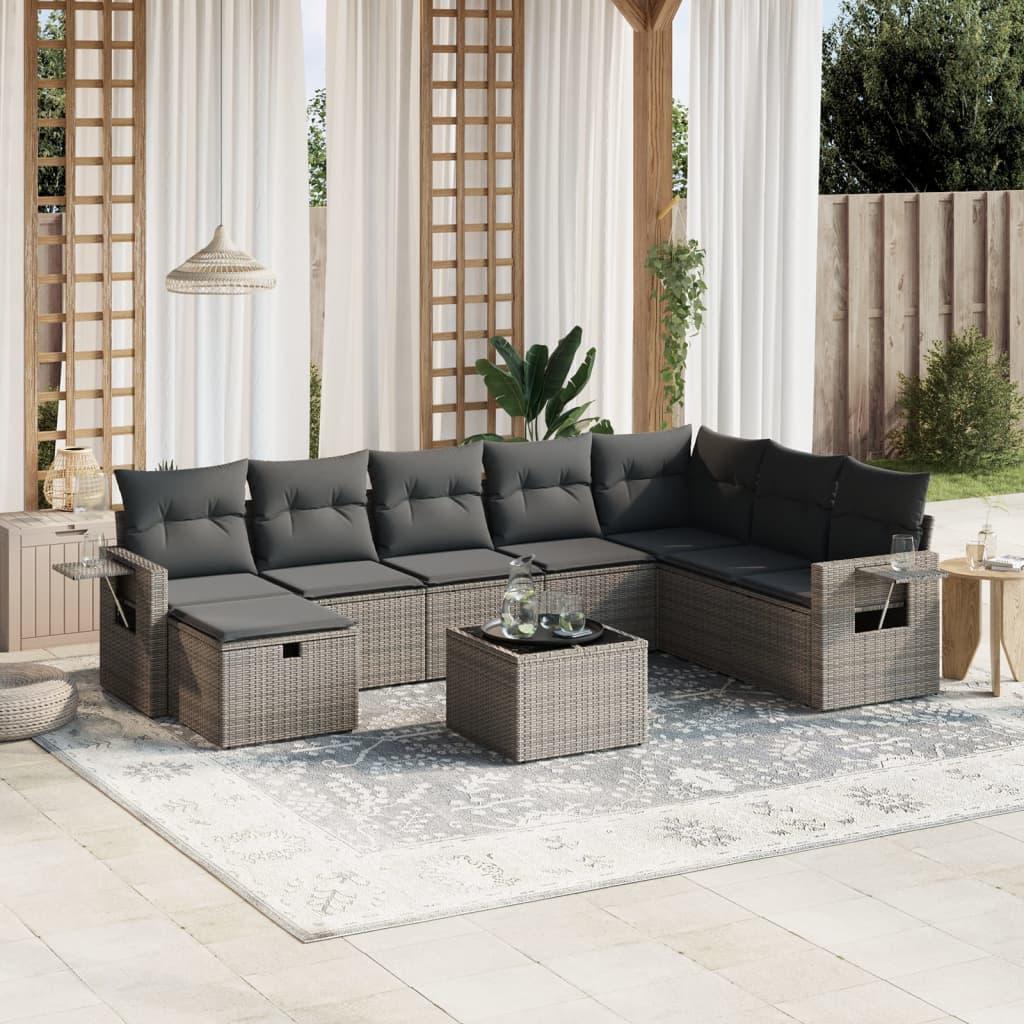 Sofasæt til haven 9 dele med hynder polyrattan grå
