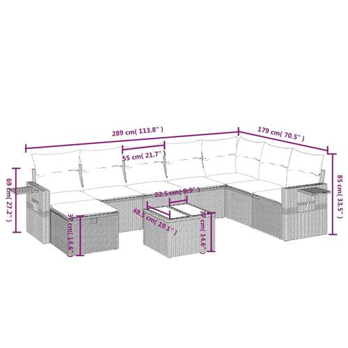 Sofasæt til haven 9 dele med hynder polyrattan grå