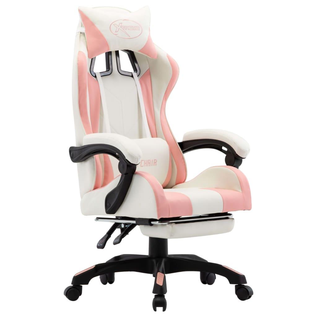Gamerstol med fodstøtte kunstlæder pink og hvid