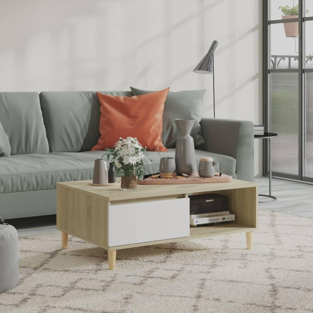 Sofabord 90x60x35 cm spånplade hvid og sonoma-eg