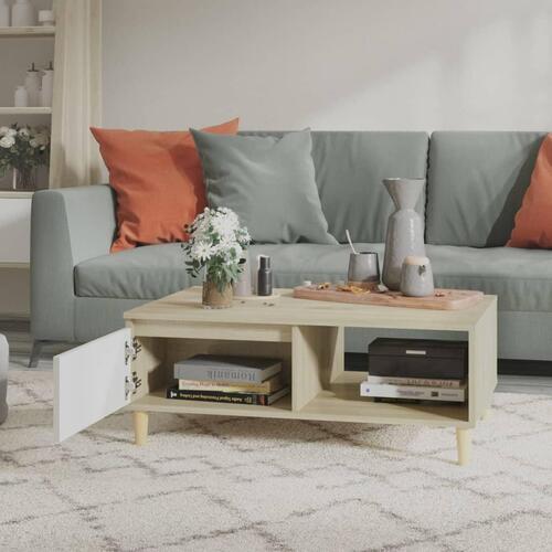 Sofabord 90x60x35 cm spånplade hvid og sonoma-eg