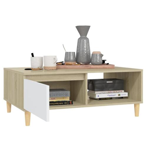 Sofabord 90x60x35 cm spånplade hvid og sonoma-eg