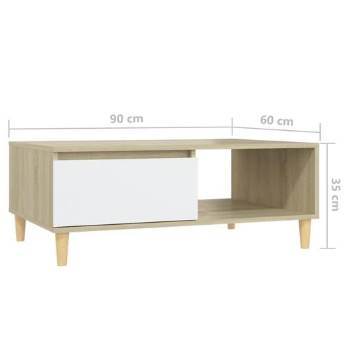 Sofabord 90x60x35 cm spånplade hvid og sonoma-eg