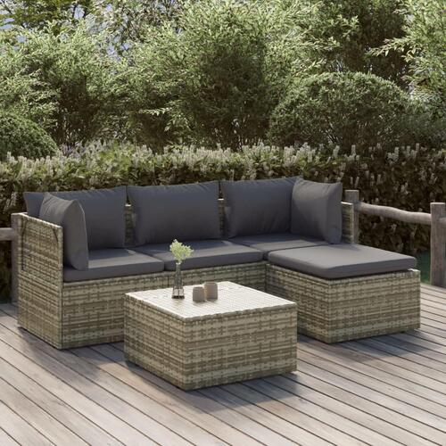 Loungesæt til haven 5 dele med hynder polyrattan grå