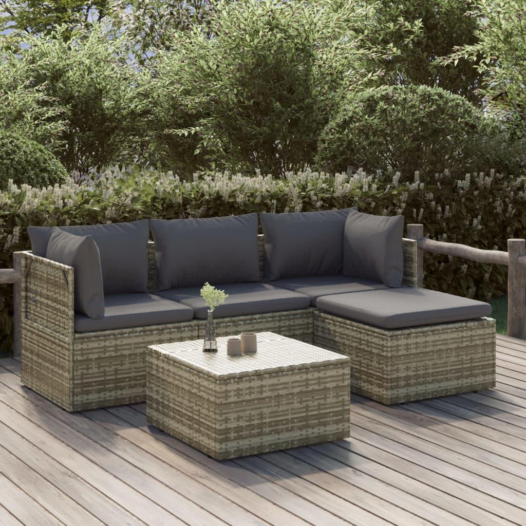 Loungesæt til haven 5 dele med hynder polyrattan grå