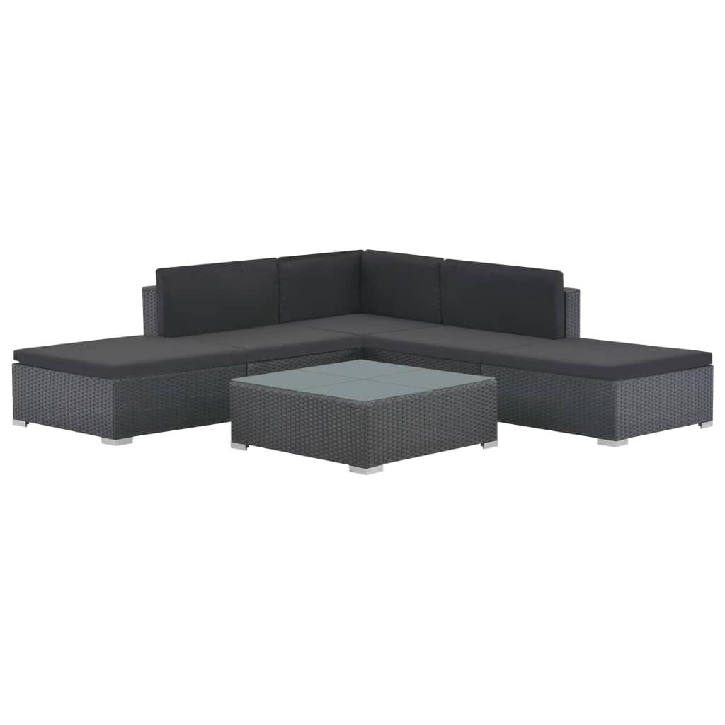 Haveloungesæt 6 dele med hynder polyrattan sort