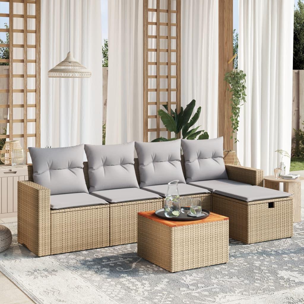 Havesofasæt 6 dele med hynder polyrattan beige