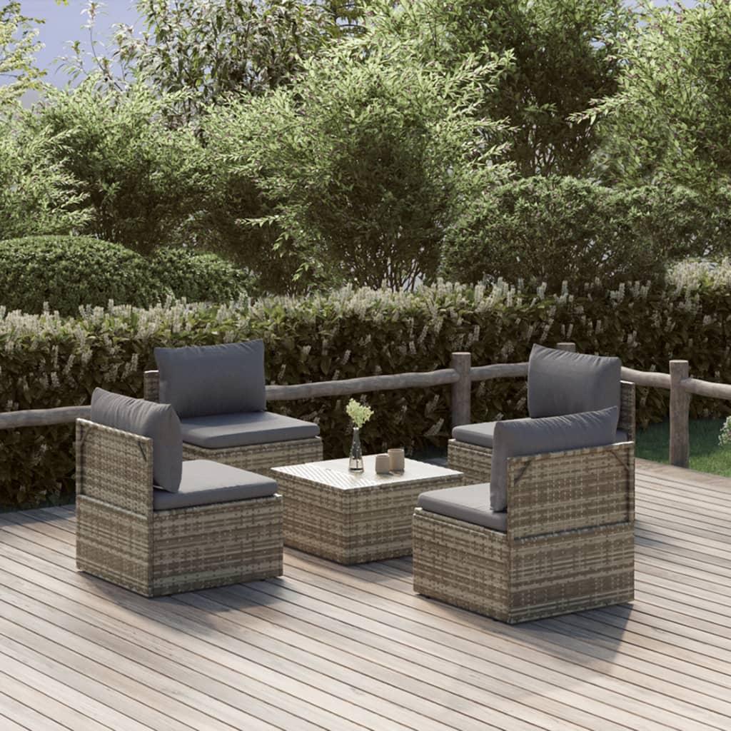 Loungesæt til haven 5 dele med hynder polyrattan grå