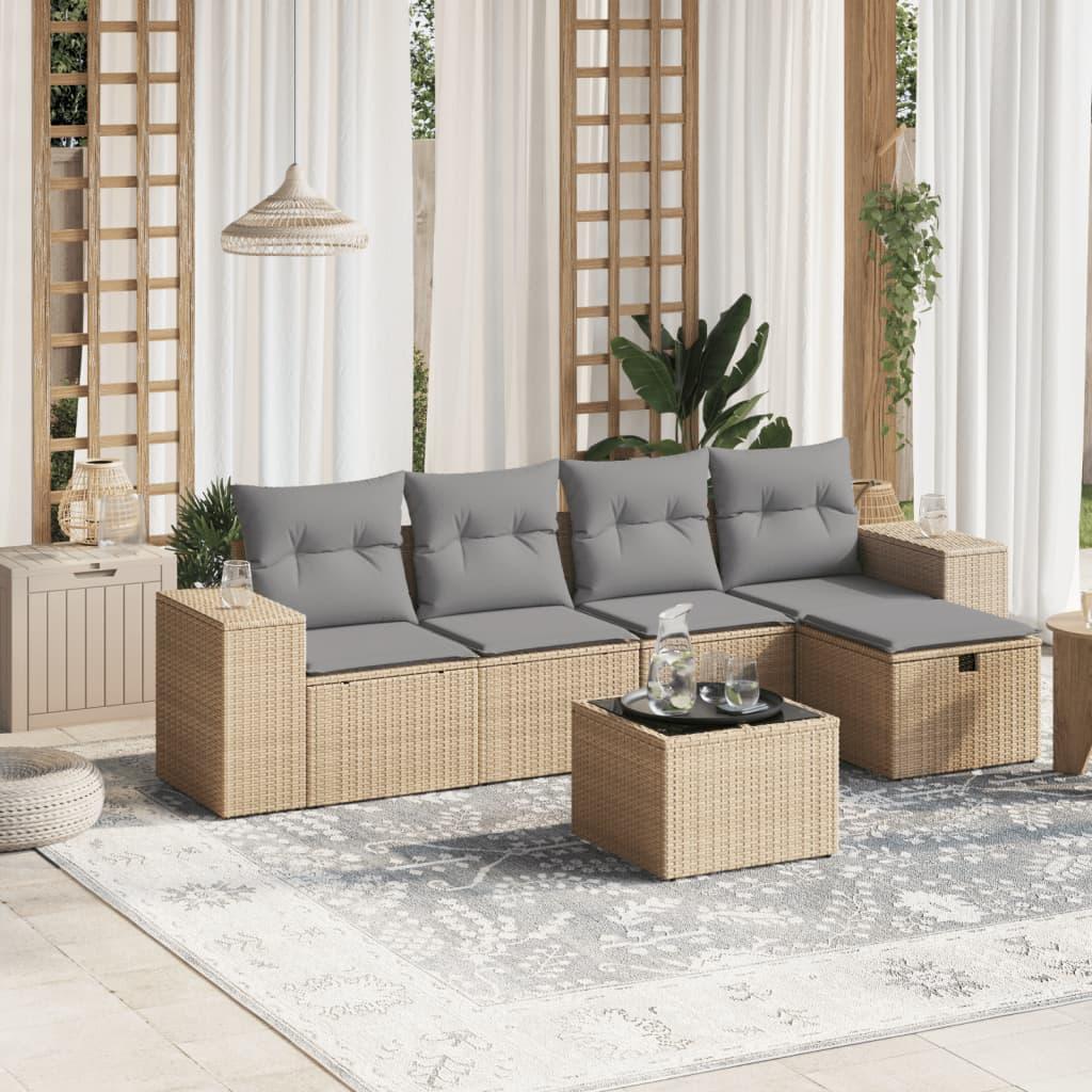 Havesofasæt 6 dele med hynder polyrattan beige