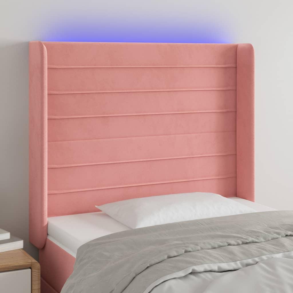 Sengegavl med LED-lys 83x16x118/128 cm fløjl lyserød billede