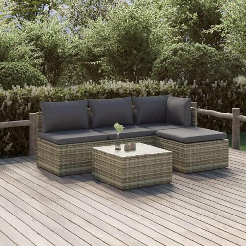 Loungesæt til haven 5 dele med hynder polyrattan grå