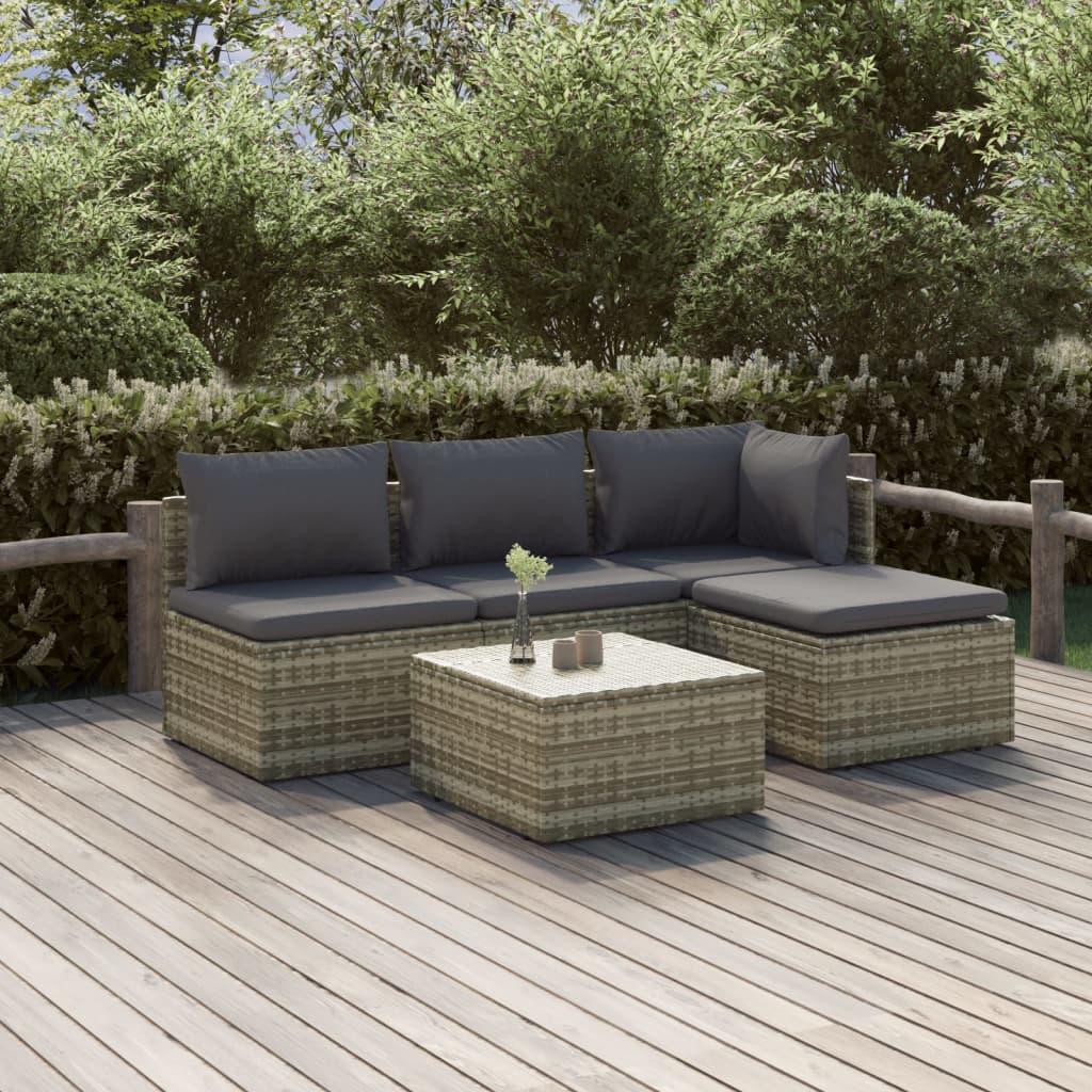Loungesæt til haven 5 dele med hynder polyrattan grå