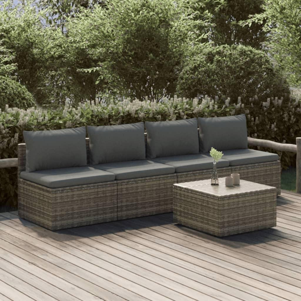 Loungesæt til haven 5 dele med hynder polyrattan grå