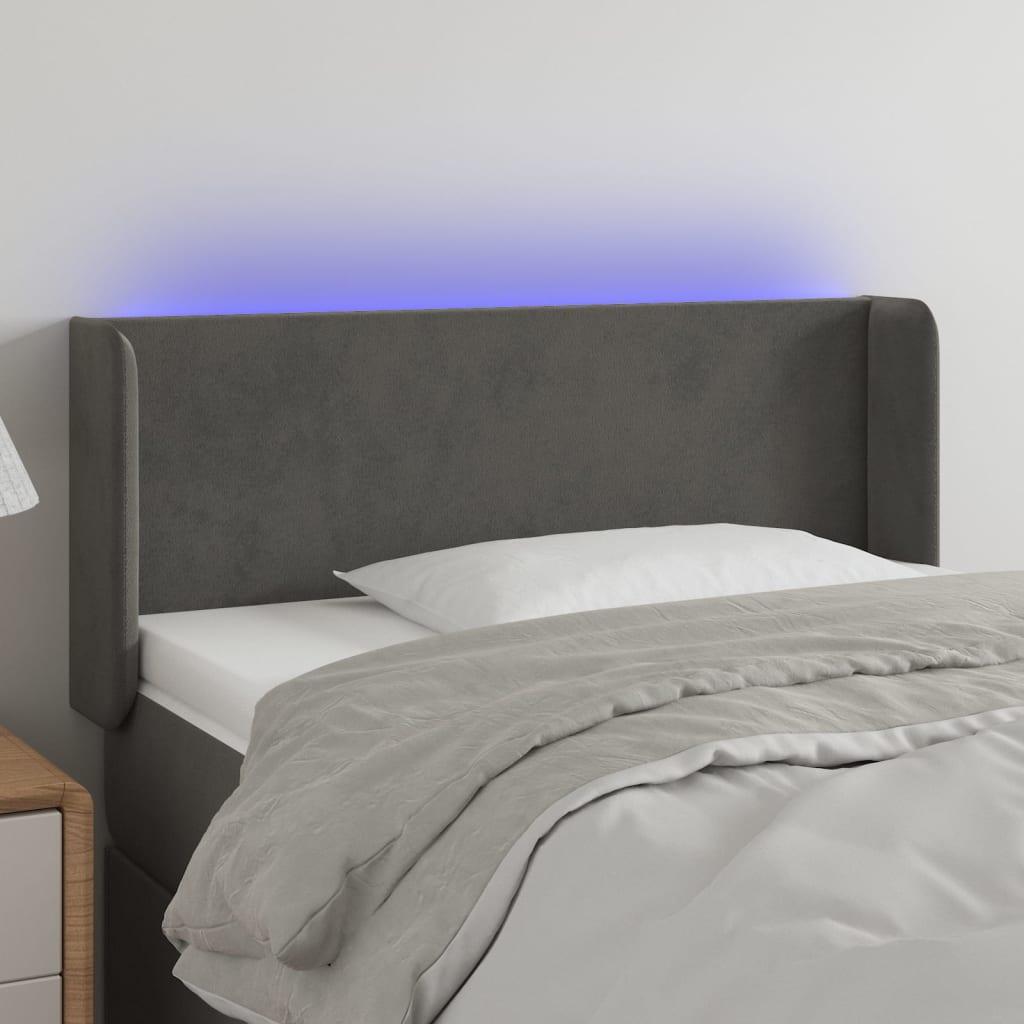 Sengegavl med LED-lys 83x16x78/88 cm fløjl mørkegrå billede