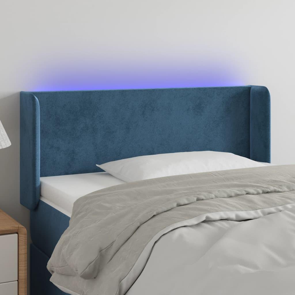 Sengegavl med LED-lys 83x16x78/88 cm stof Mørkeblå billede