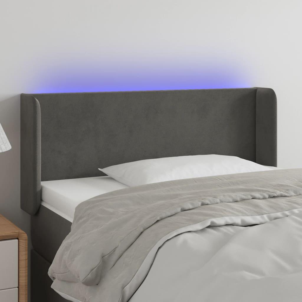 Sengegavl med LED-lys 93x16x78/88 cm fløjl mørkegrå billede