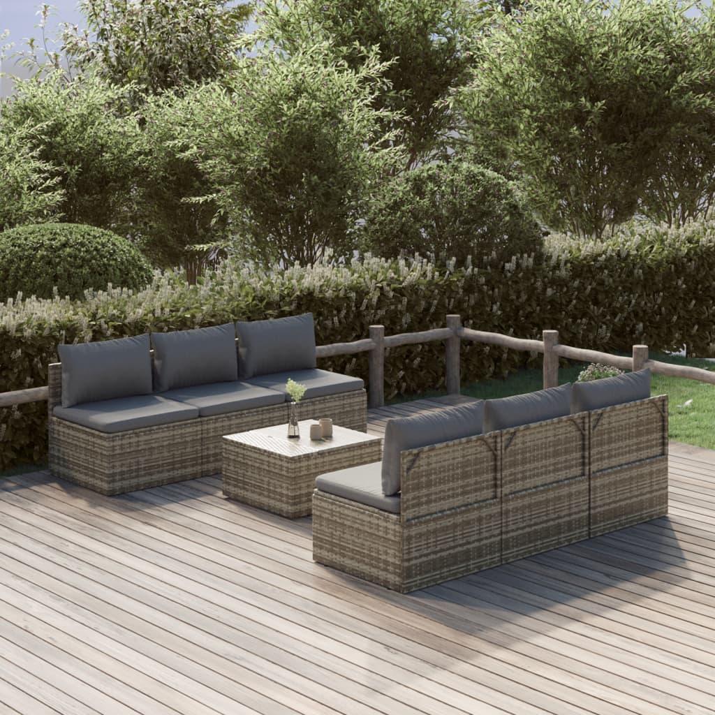 Loungesæt til haven 7 dele med hynder polyrattan grå