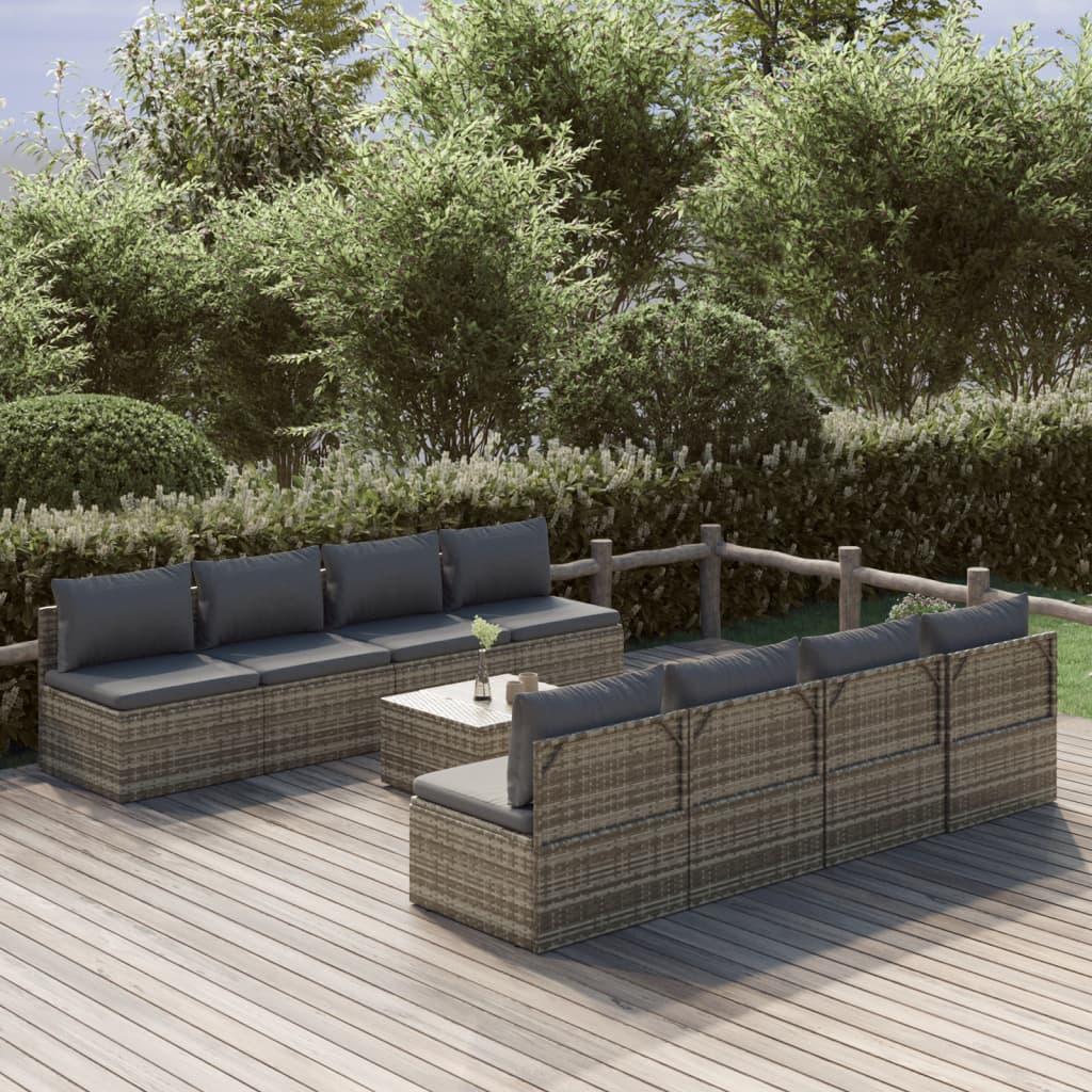Loungesæt til haven 9 dele med hynder polyrattan grå