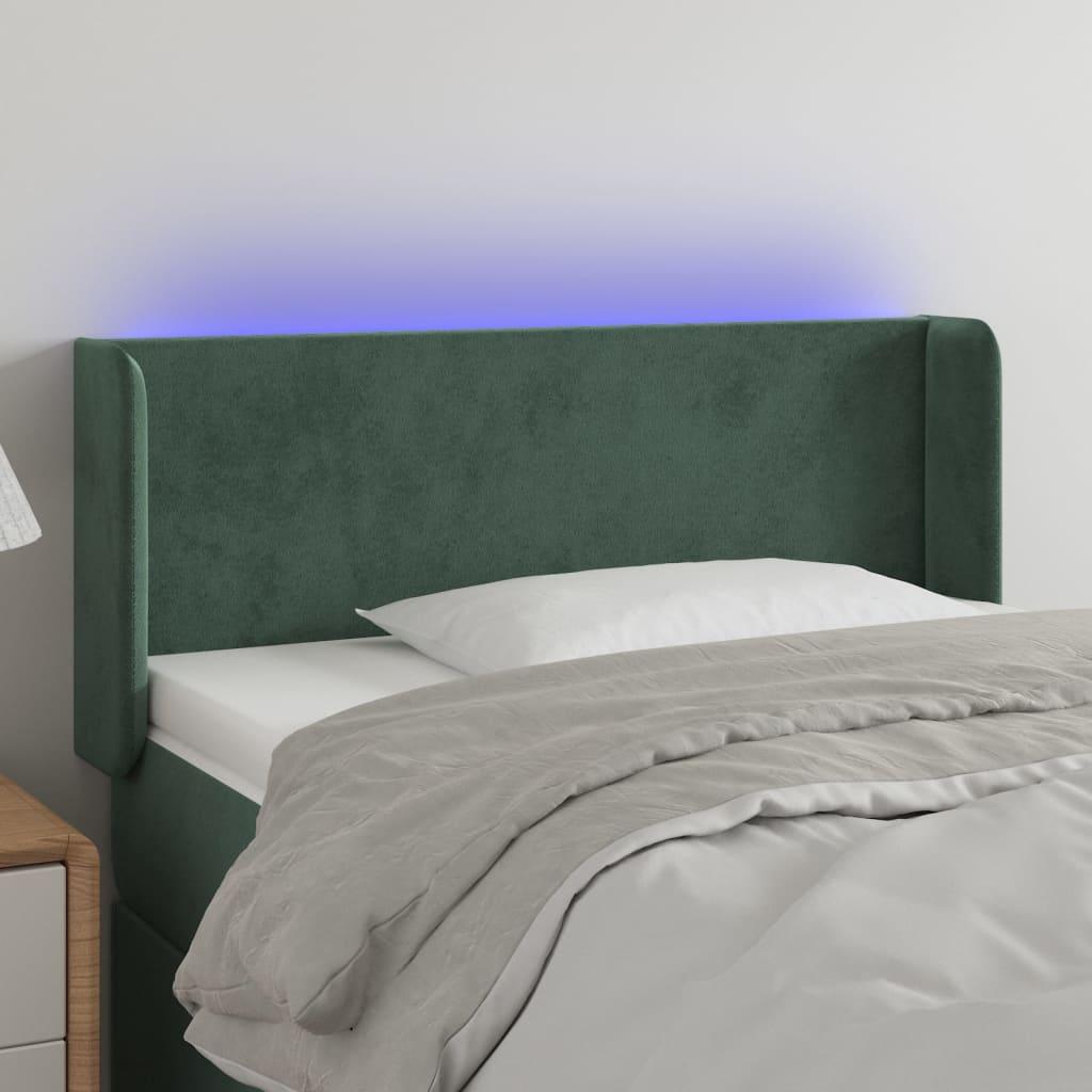 Sengegavl med LED-lys 103x16x78/88 cm fløjl mørkegrøn billede