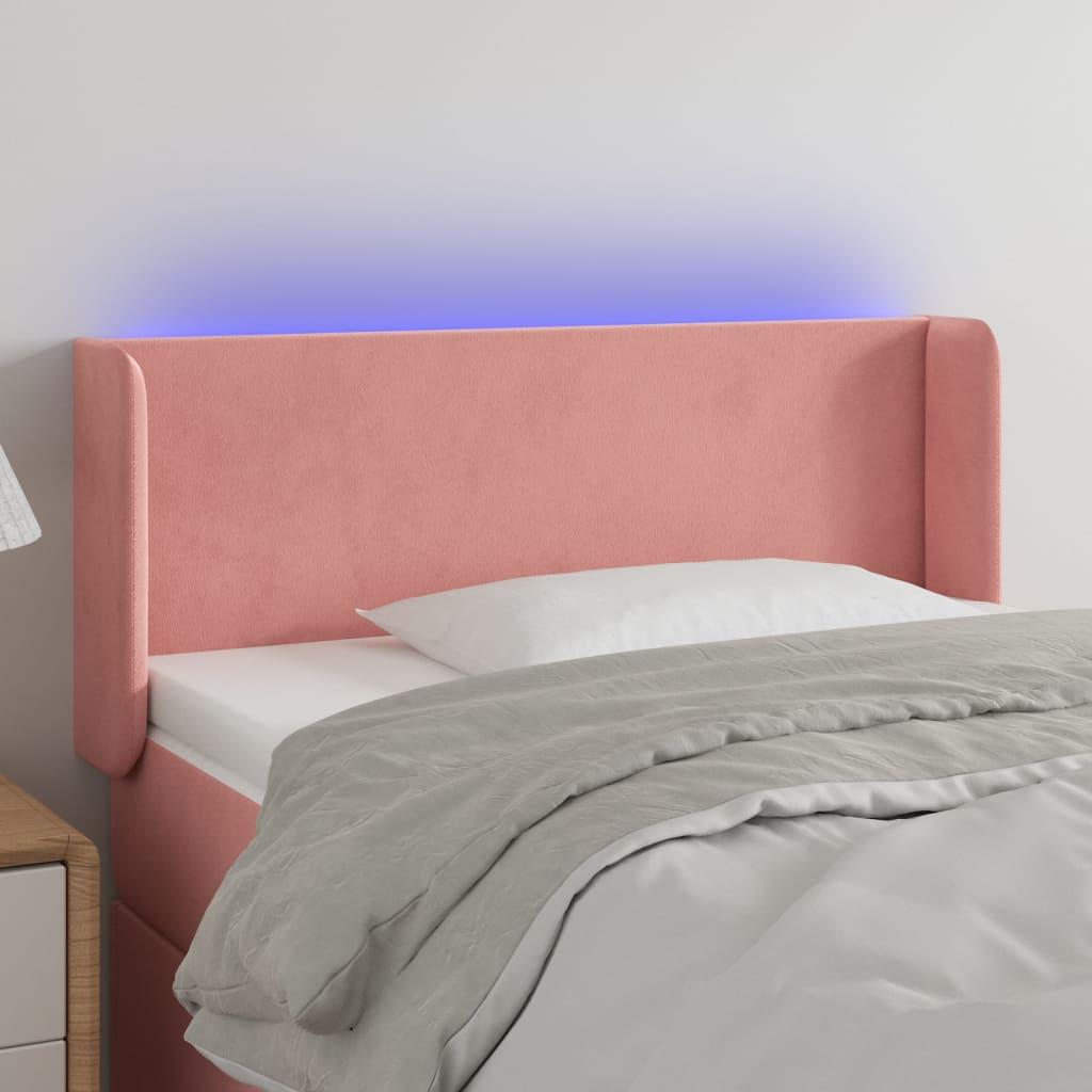 Sengegavl med LED-lys 103x16x78/88 cm fløjl lyserød billede