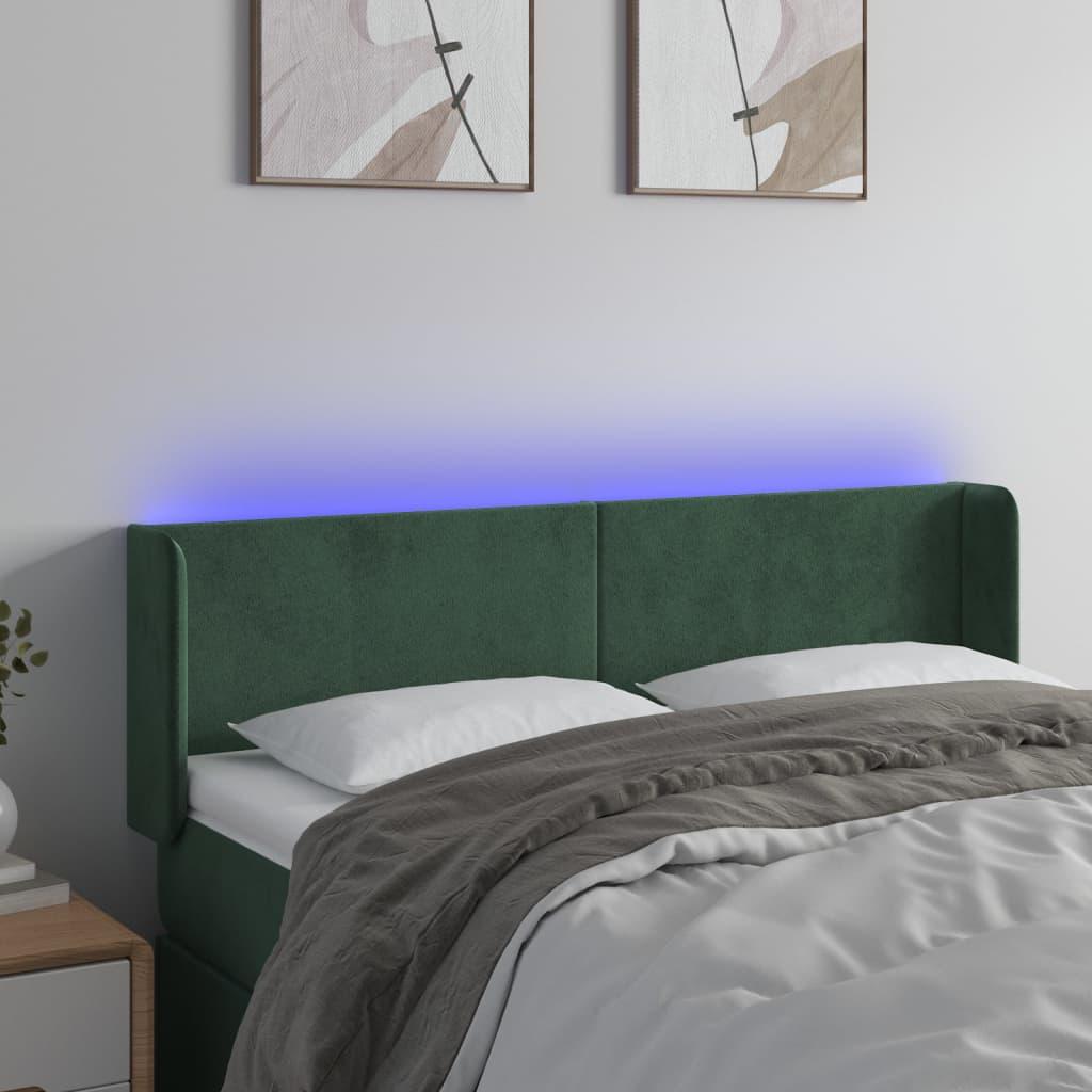 Sengegavl med LED-lys 147x16x78/88 cm - fløjl, mørkegrøn