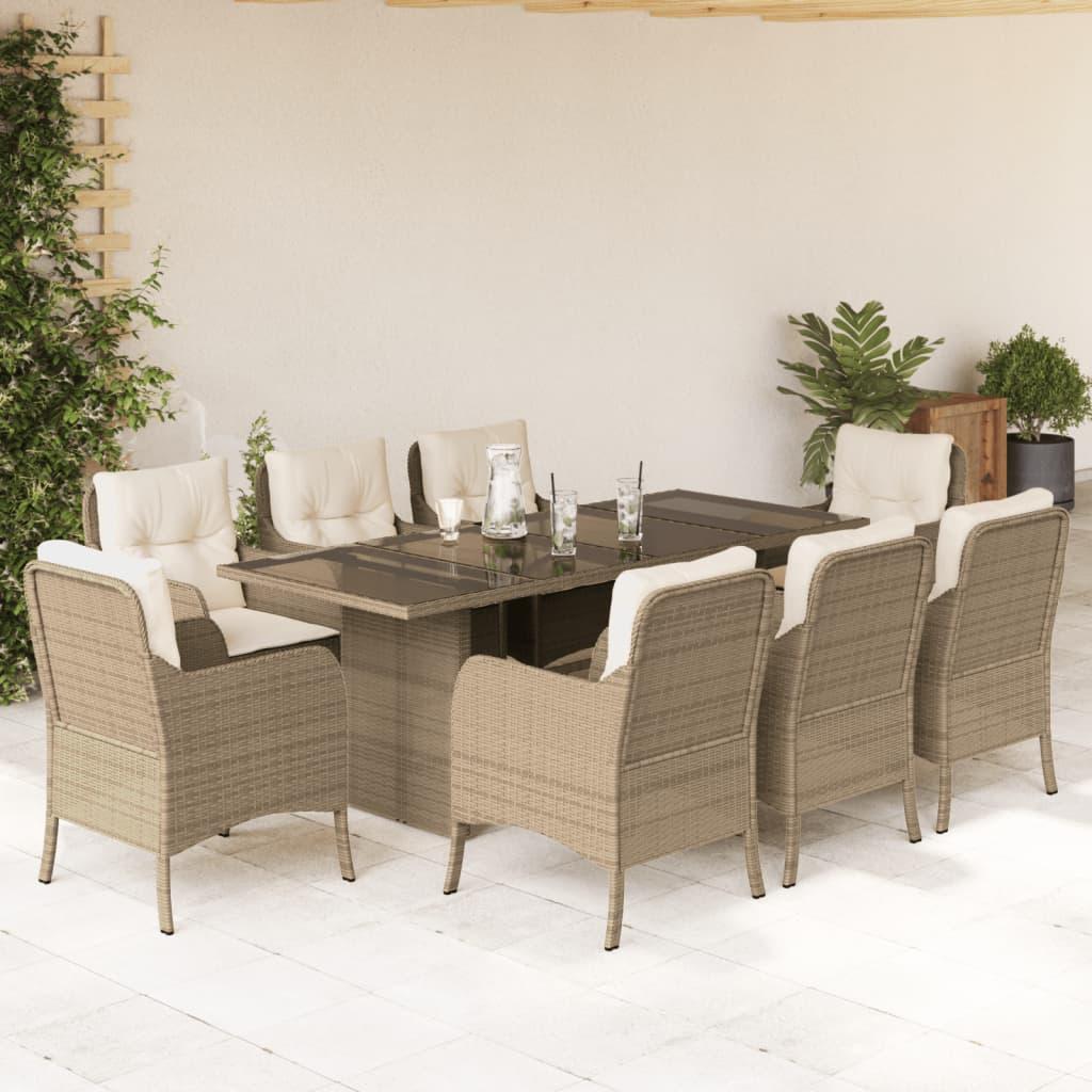 Spisebordssæt til haven 9 dele med hynder polyrattan beige