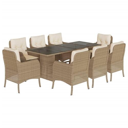 Spisebordssæt til haven 9 dele med hynder polyrattan beige